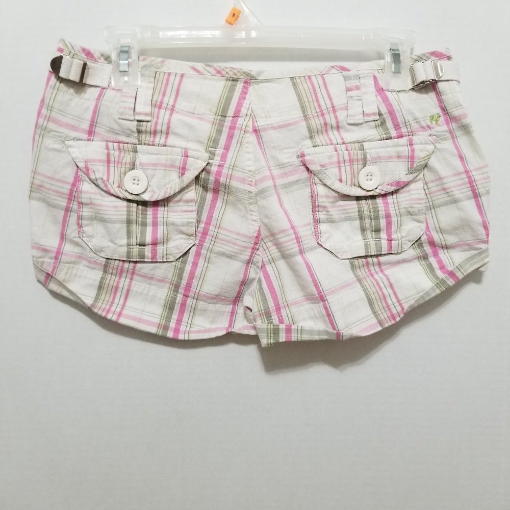 Red Camel shorts 7 madras plaid preppy cuffed buckle cinch low rise stretch Y2K - Picture 2 of 14